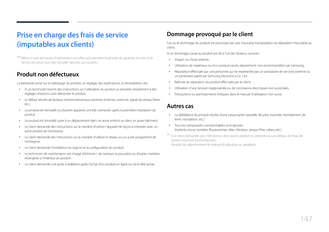 Samsung LH48RMDPLGU/EN, LH40RMDPLGU/EN manual 147, Produit non défectueux, Dommage provoqué par le client, Autres cas 