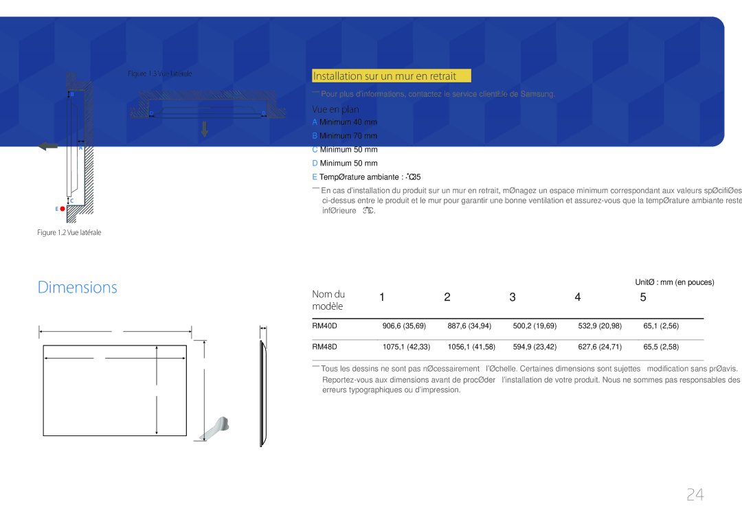 Samsung LH40RMDPLGU/EN, LH48RMDPLGU/EN manual Dimensions, Installation sur un mur en retrait, Vue en plan, Nom du Modèle 