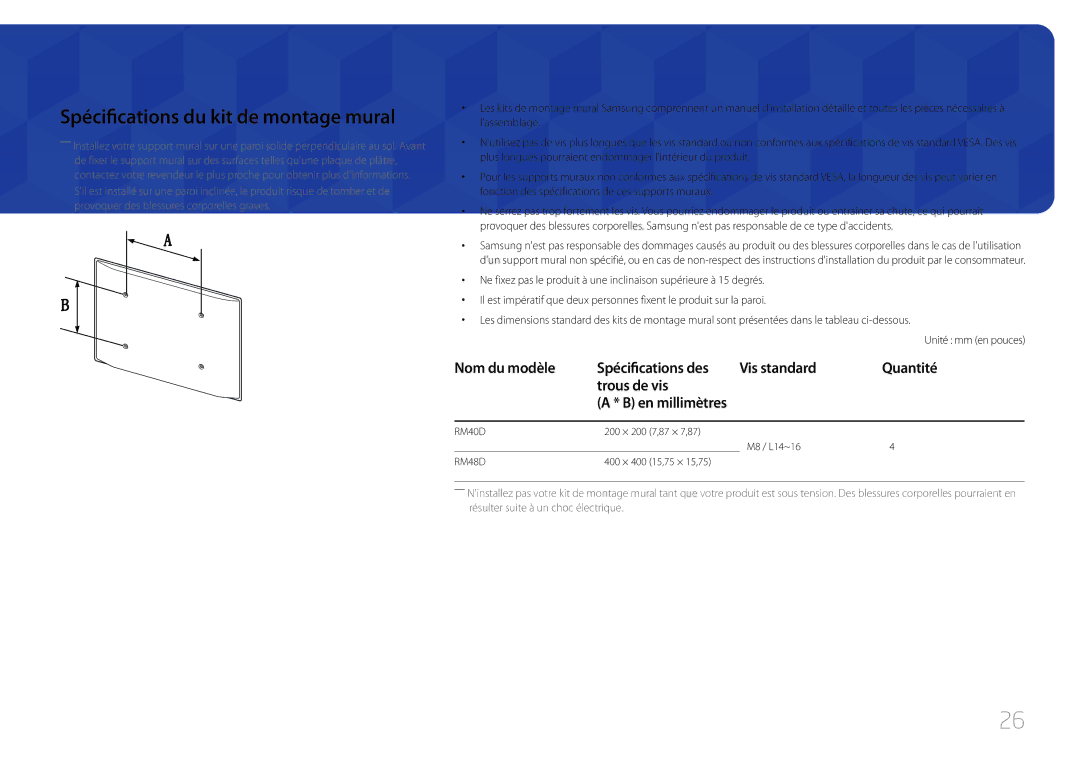 Samsung LH40RMDPLGU/EN, LH48RMDPLGU/EN manual Spécifications du kit de montage mural, En millimètres 