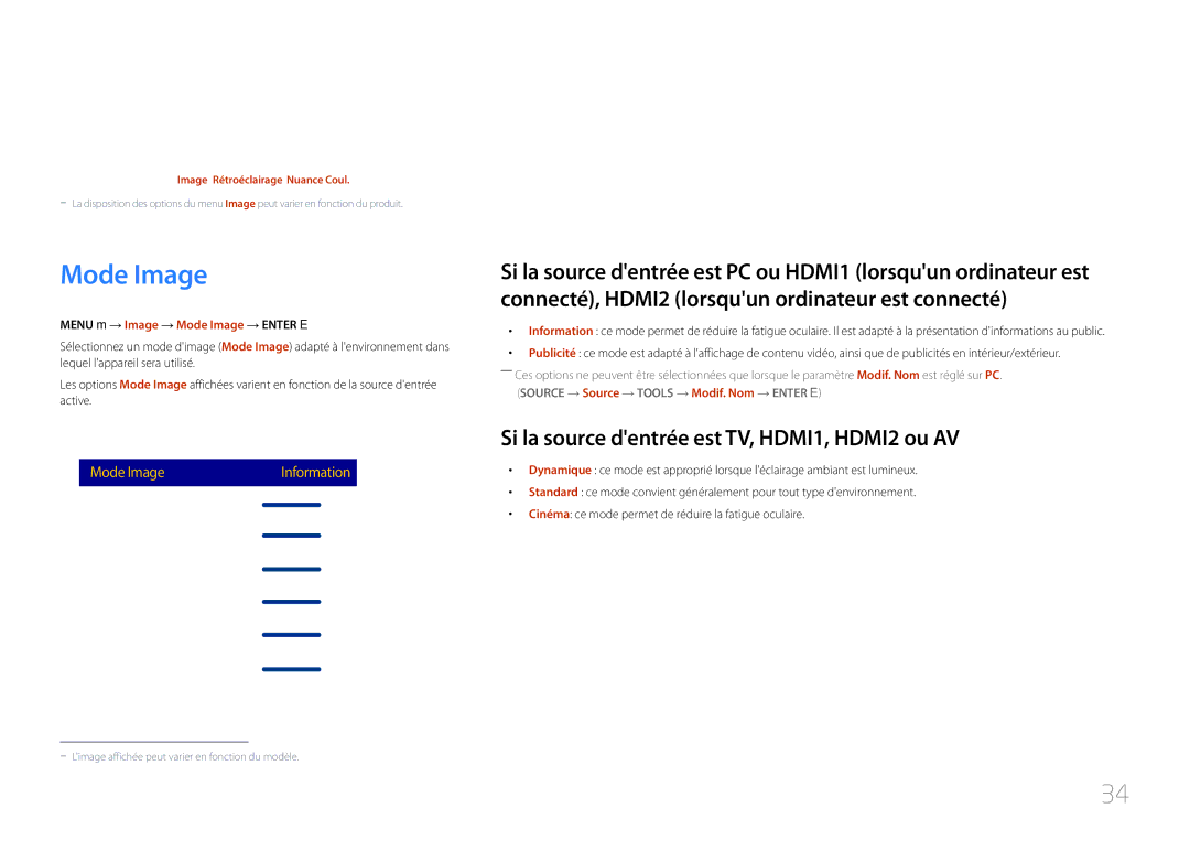 Samsung LH40RMDPLGU/EN, LH48RMDPLGU/EN manual Réglage de lécran, Mode Image, Si la source dentrée est TV, HDMI1, HDMI2 ou AV 