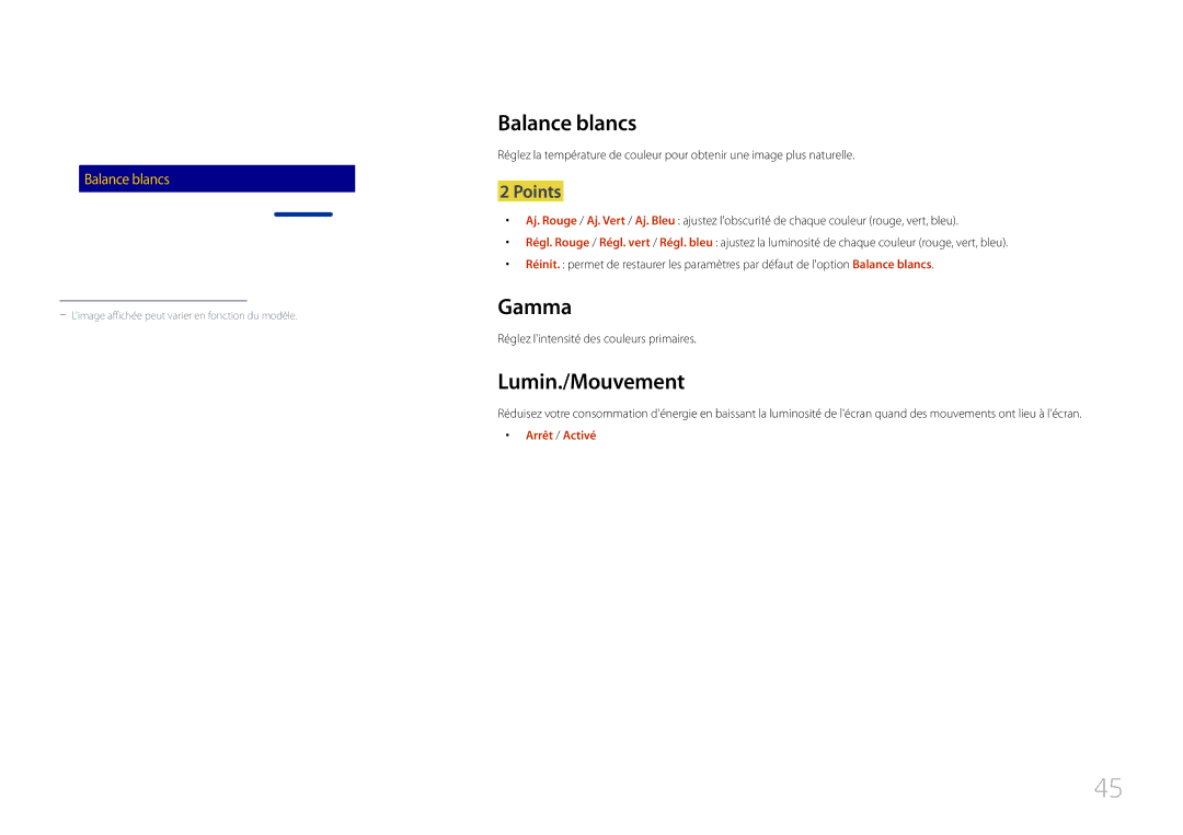 Samsung LH48RMDPLGU/EN, LH40RMDPLGU/EN manual Balance blancs, Gamma, Lumin./Mouvement, Points, Arrêt / Activé 