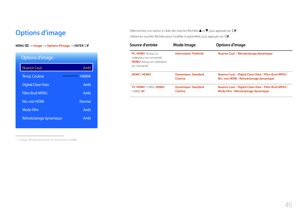 Samsung LH40RMDPLGU/EN manual Source dentrée Mode Image Options dimage, Menu m → Image → Options dimage → Enter E 