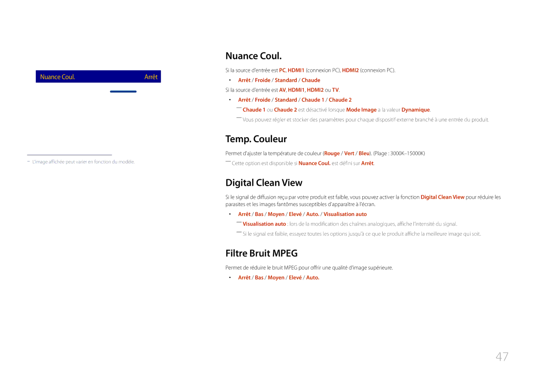 Samsung LH48RMDPLGU/EN, LH40RMDPLGU/EN manual Nuance Coul, Temp. Couleur, Digital Clean View, Filtre Bruit Mpeg 