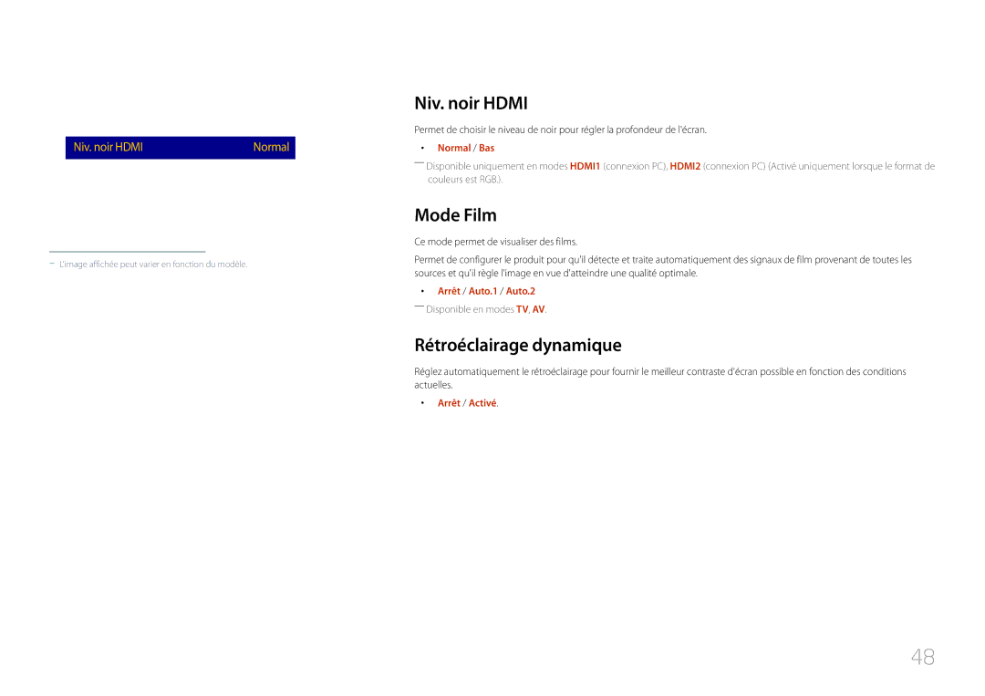 Samsung LH40RMDPLGU/EN, LH48RMDPLGU/EN manual Niv. noir Hdmi, Mode Film, Rétroéclairage dynamique, Normal / Bas 
