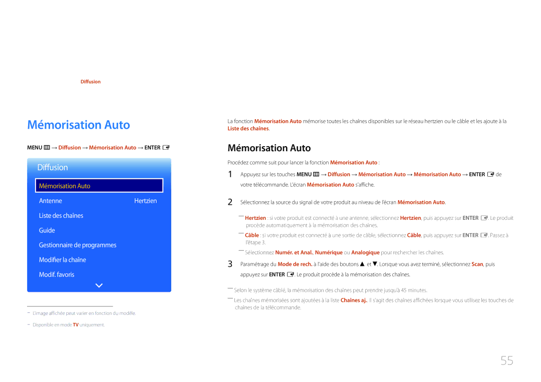 Samsung LH48RMDPLGU/EN, LH40RMDPLGU/EN manual Menu m → Diffusion → Mémorisation Auto → Enter E 