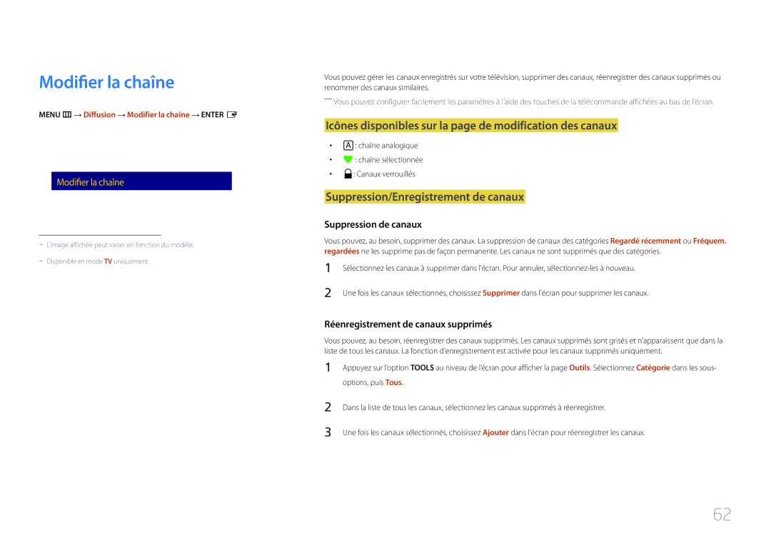 Samsung LH40RMDPLGU/EN, LH48RMDPLGU/EN manual Modifier la chaîne, Icônes disponibles sur la page de modification des canaux 