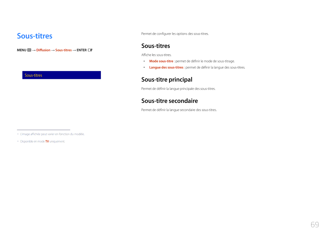 Samsung LH48RMDPLGU/EN, LH40RMDPLGU/EN manual Sous-titres, Sous-titre principal, Sous-titre secondaire 