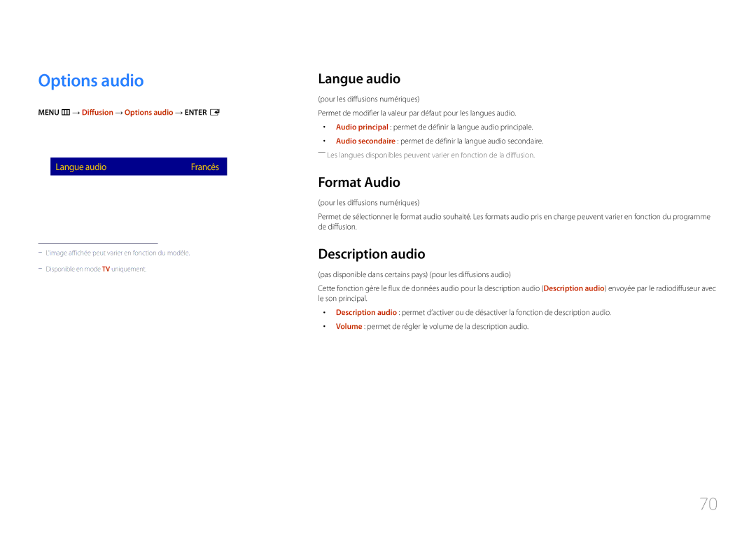 Samsung LH40RMDPLGU/EN, LH48RMDPLGU/EN manual Options audio, Langue audio, Format Audio, Description audio 