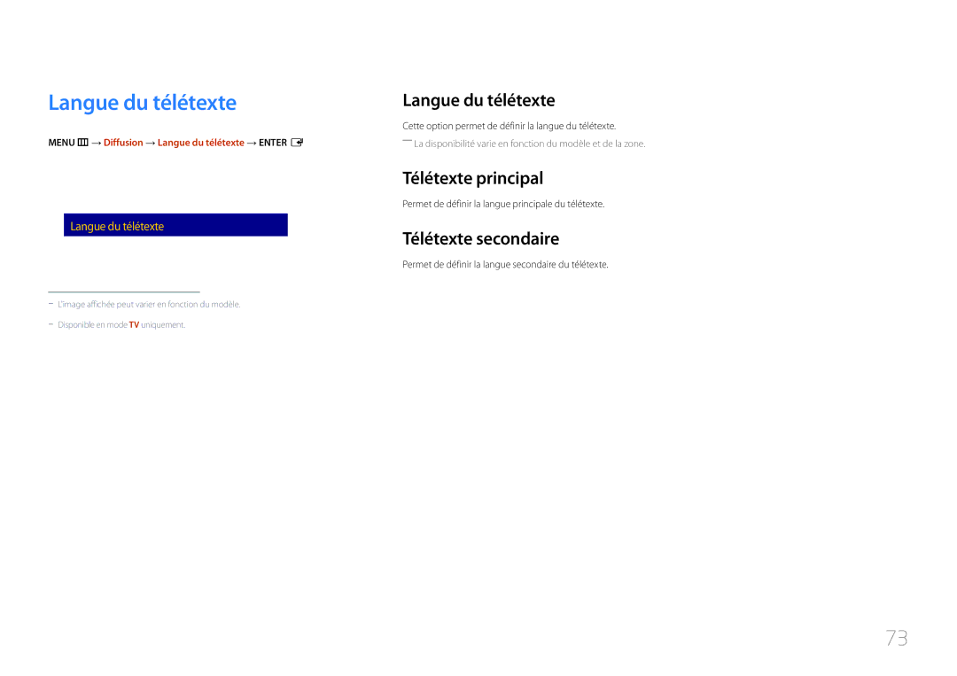 Samsung LH48RMDPLGU/EN, LH40RMDPLGU/EN manual Langue du télétexte, Télétexte principal, Télétexte secondaire 