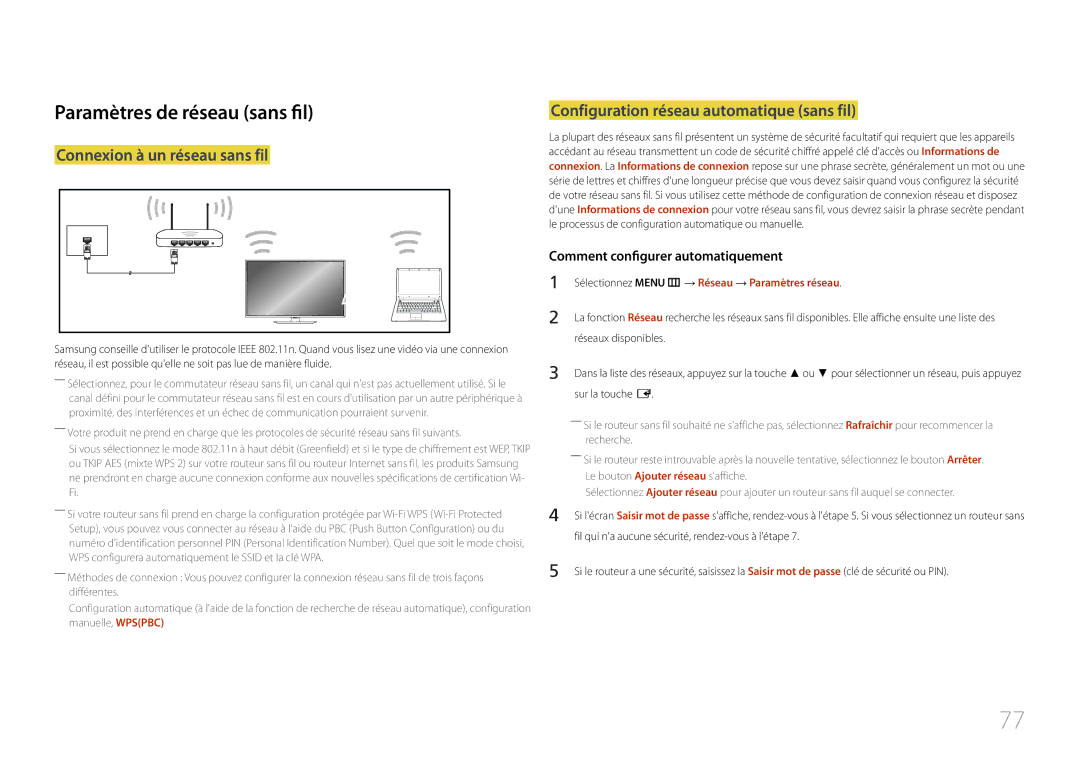 Samsung LH48RMDPLGU/EN Paramètres de réseau sans fil, Connexion à un réseau sans fil, Comment configurer automatiquement 