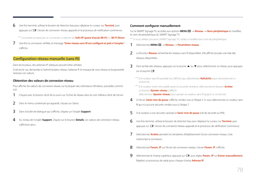 Samsung LH40RMDPLGU/EN manual Configuration réseau manuelle sans fil, Obtention des valeurs de connexion réseau, Saffiche 