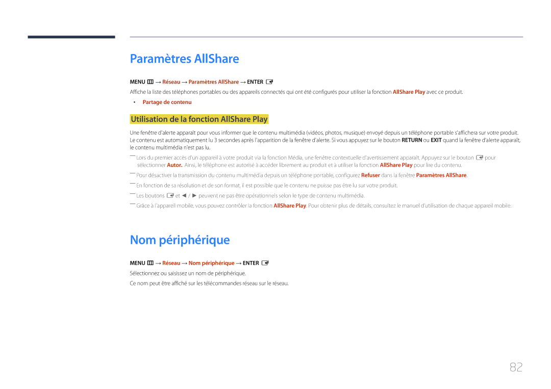 Samsung LH40RMDPLGU/EN, LH48RMDPLGU/EN Paramètres AllShare, Nom périphérique, Utilisation de la fonction AllShare Play 
