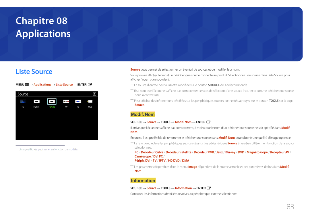 Samsung LH48RMDPLGU/EN, LH40RMDPLGU/EN manual Applications, Liste Source, Modif. Nom, Information 