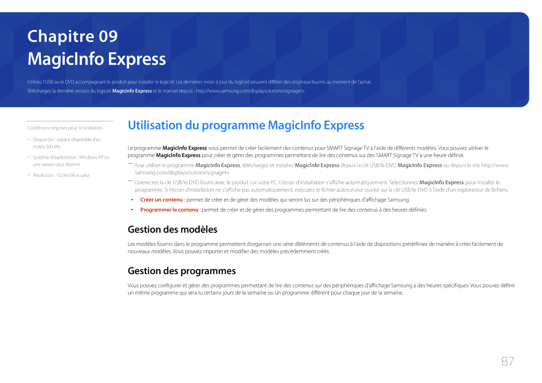 Samsung LH48RMDPLGU/EN manual Utilisation du programme MagicInfo Express, Gestion des modèles, Gestion des programmes 