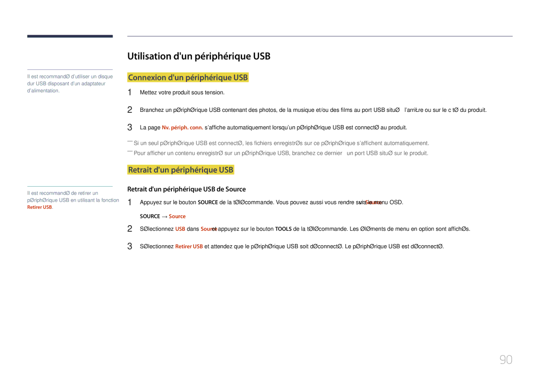 Samsung LH40RMDPLGU/EN Utilisation dun périphérique USB, Connexion dun périphérique USB, Retrait dun périphérique USB 