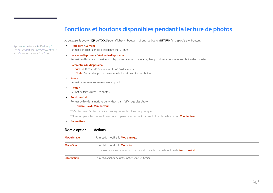 Samsung LH40RMDPLGU/EN Précédent / Suivant, Lancer le diaporama / Arrêter le diaporama, Paramètres du diaporama, Zoom 