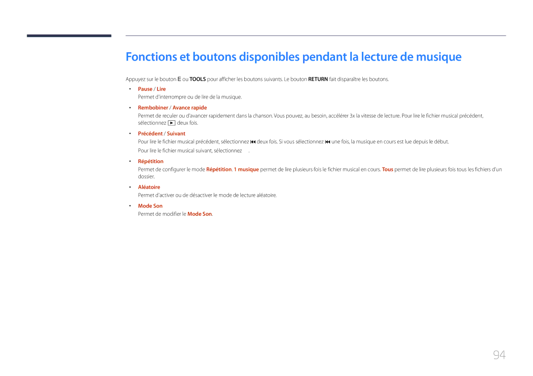 Samsung LH40RMDPLGU/EN Permet dinterrompre ou de lire de la musique, Répétition, Aléatoire, Permet de modifier le Mode Son 