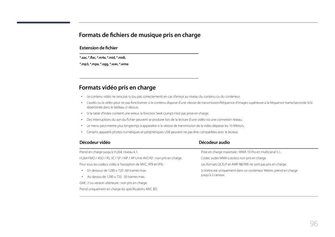 Samsung LH40RMDPLGU/EN Formats de fichiers de musique pris en charge, Formats vidéo pris en charge, Extension de fichier 