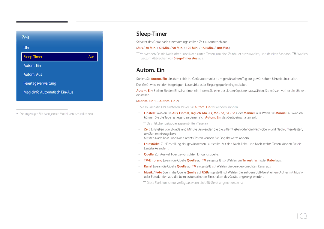 Samsung LH48RMDPLGU/EN, LH40RMDPLGU/EN manual 103, Sleep-Timer, Autom. Ein 1 ~ Autom. Ein 