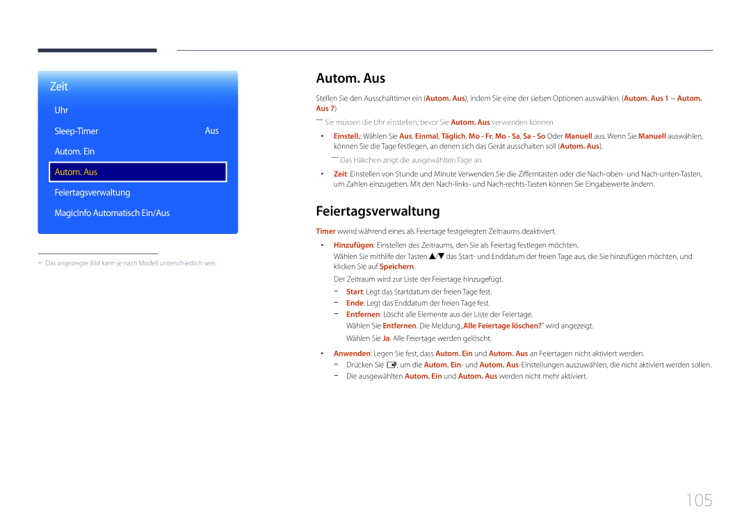 Samsung LH48RMDPLGU/EN, LH40RMDPLGU/EN manual 105, Autom. Aus, Feiertagsverwaltung 