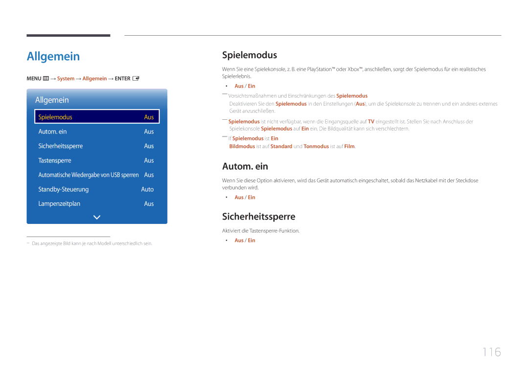 Samsung LH40RMDPLGU/EN, LH48RMDPLGU/EN manual Allgemein, 116, Spielemodus, Sicherheitssperre 