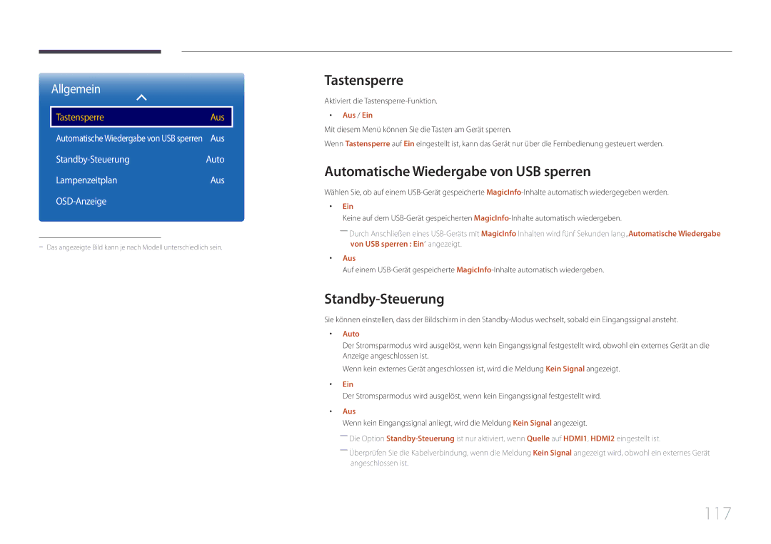 Samsung LH48RMDPLGU/EN, LH40RMDPLGU/EN manual 117, Tastensperre, Automatische Wiedergabe von USB sperren, Standby-Steuerung 