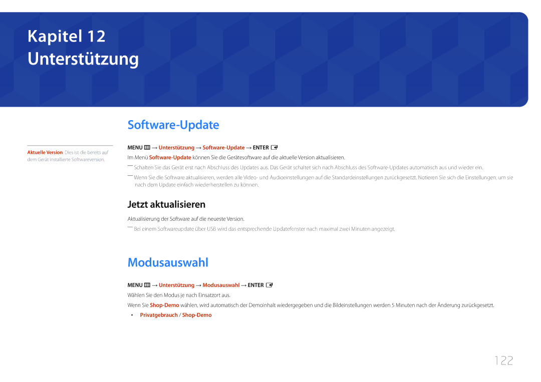 Samsung LH40RMDPLGU/EN, LH48RMDPLGU/EN manual Unterstützung, Software-Update, Modusauswahl, 122, Jetzt aktualisieren 