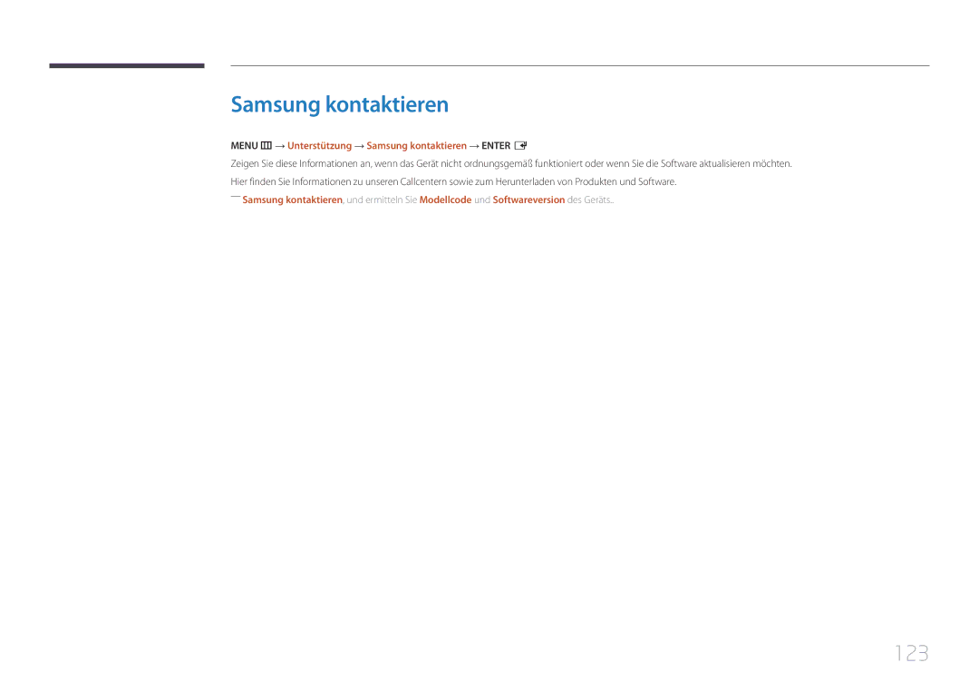 Samsung LH48RMDPLGU/EN, LH40RMDPLGU/EN manual 123, Menu m → Unterstützung → Samsung kontaktieren → Enter E 