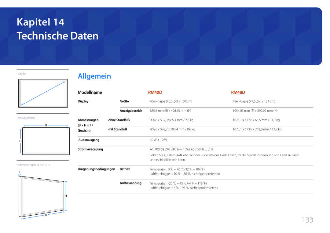 Samsung LH48RMDPLGU/EN, LH40RMDPLGU/EN manual Technische Daten, 133 