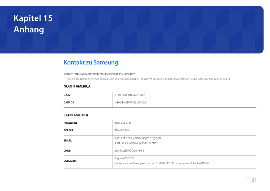 Samsung LH40RMDPLGU/EN, LH48RMDPLGU/EN manual Anhang, Kontakt zu Samsung, 138 