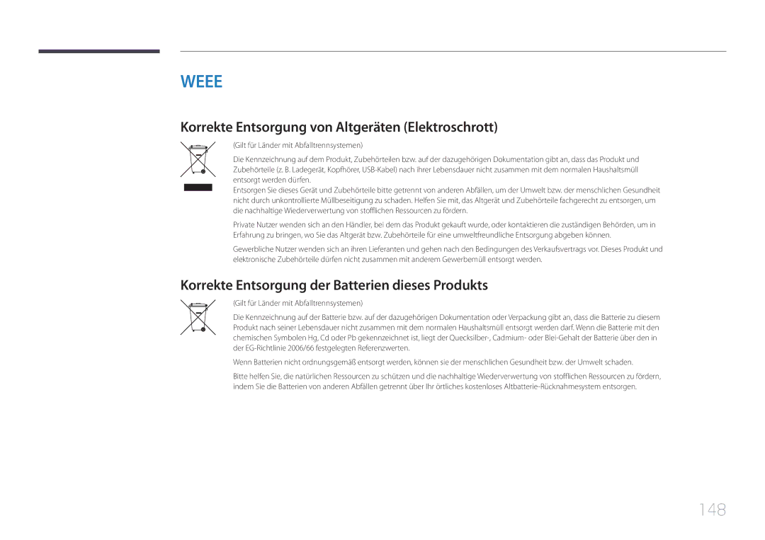 Samsung LH40RMDPLGU/EN 148, Korrekte Entsorgung von Altgeräten Elektroschrott, Gilt für Länder mit Abfalltrennsystemen 