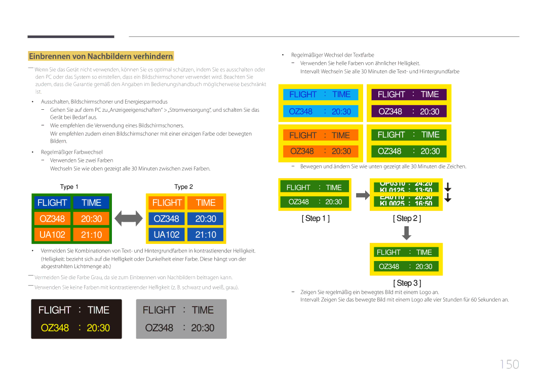 Samsung LH40RMDPLGU/EN, LH48RMDPLGU/EN manual 150, Einbrennen von Nachbildern verhindern 