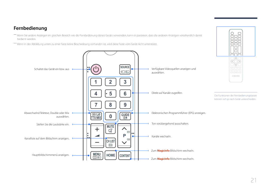 Samsung LH48RMDPLGU/EN, LH40RMDPLGU/EN manual Fernbedienung, Schaltet das Gerät ein bzw. aus, Stellen Sie die Lautstärke ein 