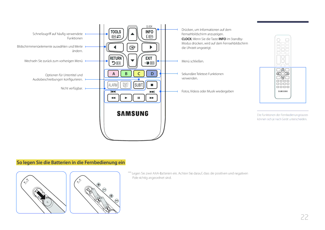 Samsung LH40RMDPLGU/EN manual So legen Sie die Batterien in die Fernbedienung ein, Wechseln Sie zurück zum vorherigen Menü 