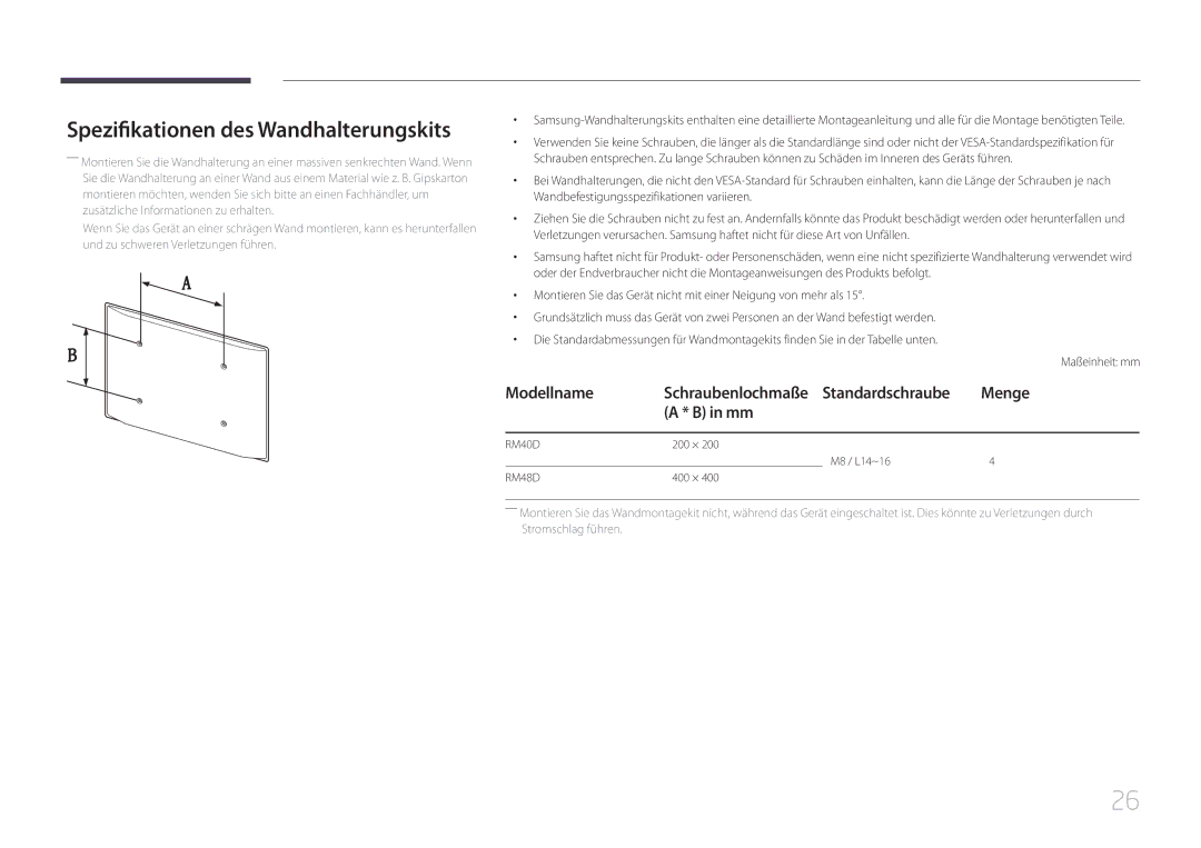 Samsung LH40RMDPLGU/EN, LH48RMDPLGU/EN Spezifikationen des Wandhalterungskits, Menge, Schraubenlochmaße Standardschraube 