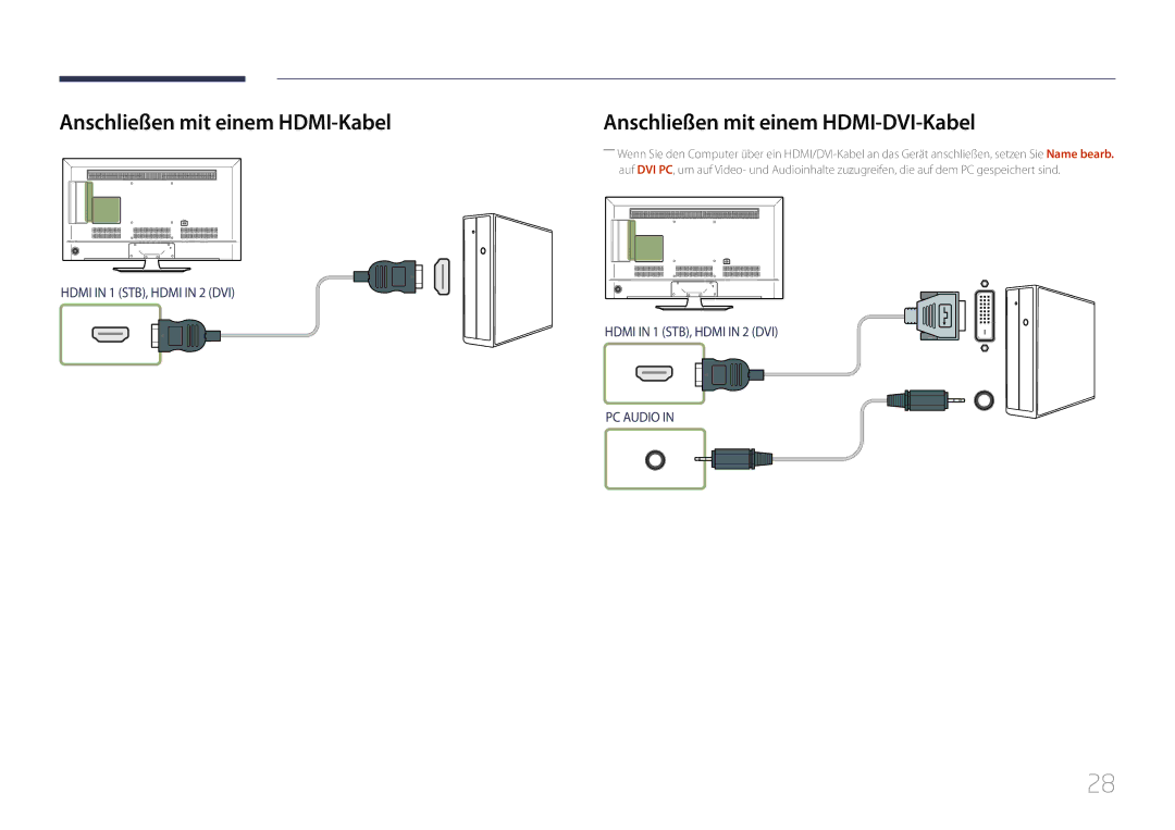 Samsung LH40RMDPLGU/EN, LH48RMDPLGU/EN manual Anschließen mit einem HDMI-Kabel, Anschließen mit einem HDMI-DVI-Kabel 