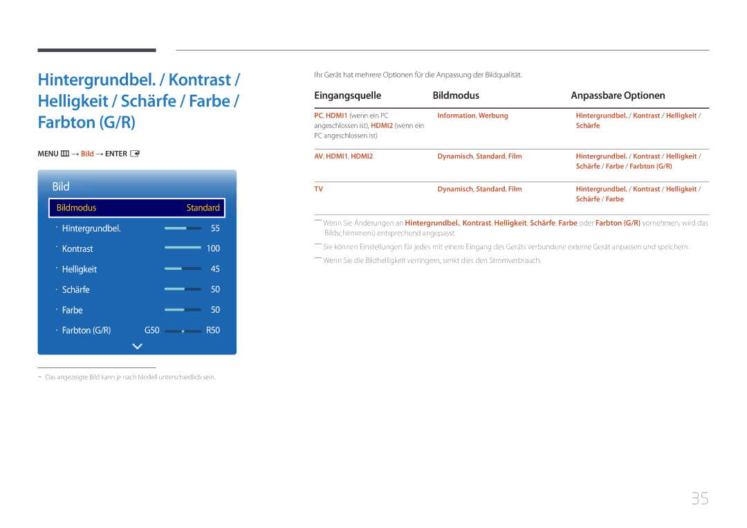 Samsung LH48RMDPLGU/EN, LH40RMDPLGU/EN manual Eingangsquelle Bildmodus Anpassbare Optionen, Menu m → Bild → Enter E 