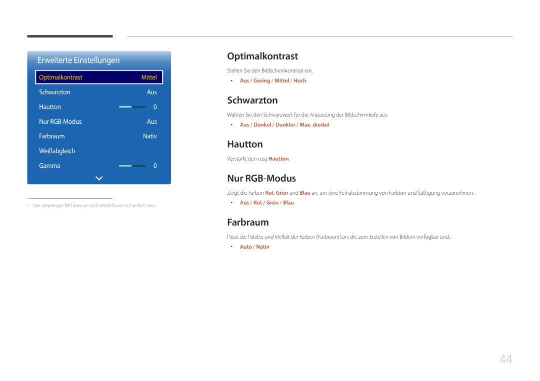 Samsung LH40RMDPLGU/EN, LH48RMDPLGU/EN manual Optimalkontrast, Schwarzton, Hautton, Nur RGB-Modus, Farbraum 