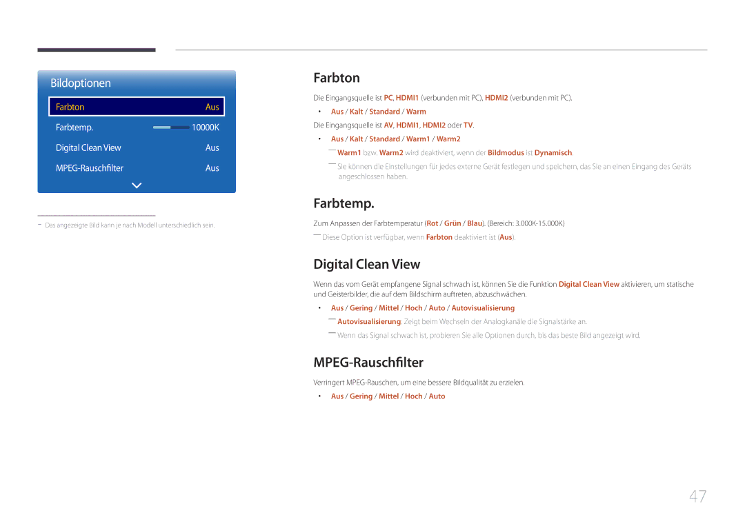 Samsung LH48RMDPLGU/EN, LH40RMDPLGU/EN manual Farbton, Farbtemp, Digital Clean View, MPEG-Rauschfilter 