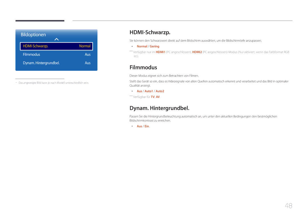 Samsung LH40RMDPLGU/EN, LH48RMDPLGU/EN manual HDMI-Schwarzp, Filmmodus, Dynam. Hintergrundbel, Normal / Gering 