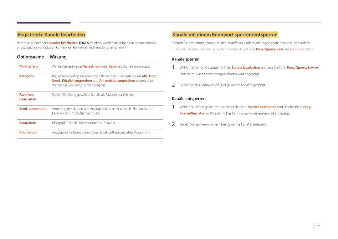 Samsung LH48RMDPLGU/EN Registrierte Kanäle bearbeiten, Kanäle mit einem Kennwort sperren/entsperren, Optionsname Wirkung 