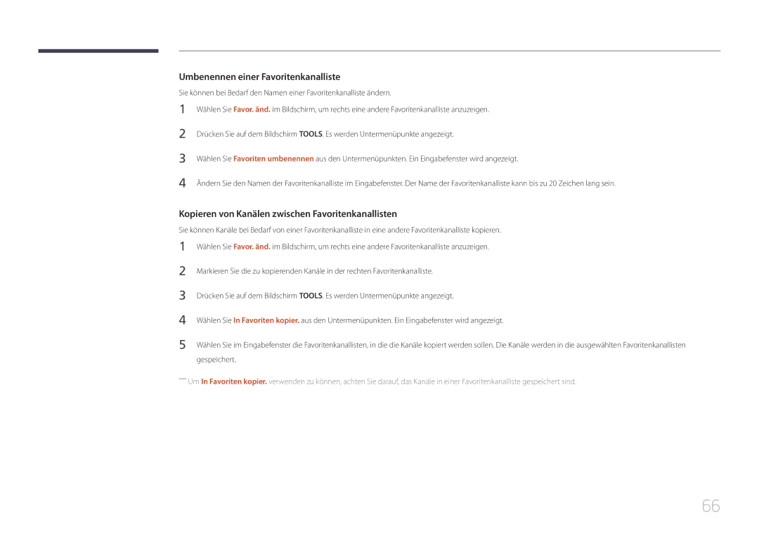 Samsung LH40RMDPLGU/EN manual Umbenennen einer Favoritenkanalliste, Kopieren von Kanälen zwischen Favoritenkanallisten 