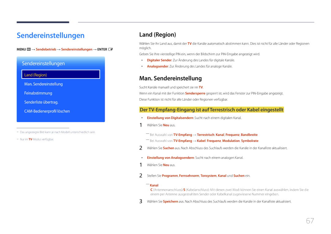 Samsung LH48RMDPLGU/EN, LH40RMDPLGU/EN manual Sendereinstellungen, Land Region, Man. Sendereinstellung 