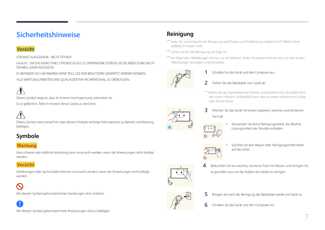 Samsung LH48RMDPLGU/EN, LH40RMDPLGU/EN manual Sicherheitshinweise, Reinigung, Symbole, Vorsicht 