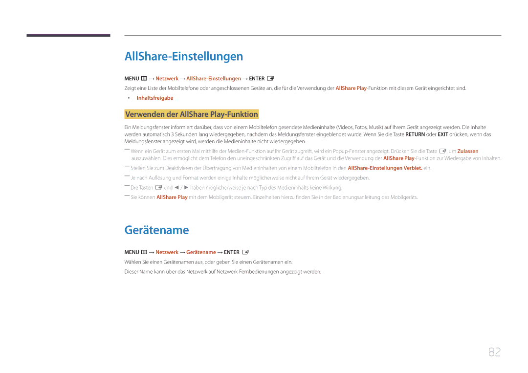 Samsung LH40RMDPLGU/EN, LH48RMDPLGU/EN manual AllShare-Einstellungen, Gerätename, Verwenden der AllShare Play-Funktion 