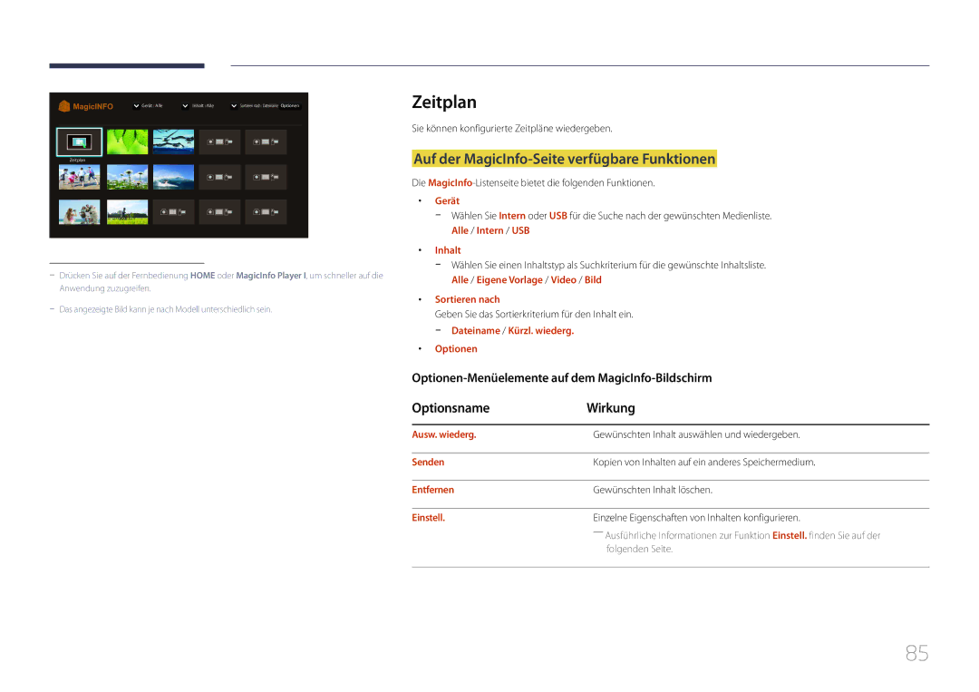 Samsung LH48RMDPLGU/EN, LH40RMDPLGU/EN manual Zeitplan, Auf der MagicInfo-Seite verfügbare Funktionen 