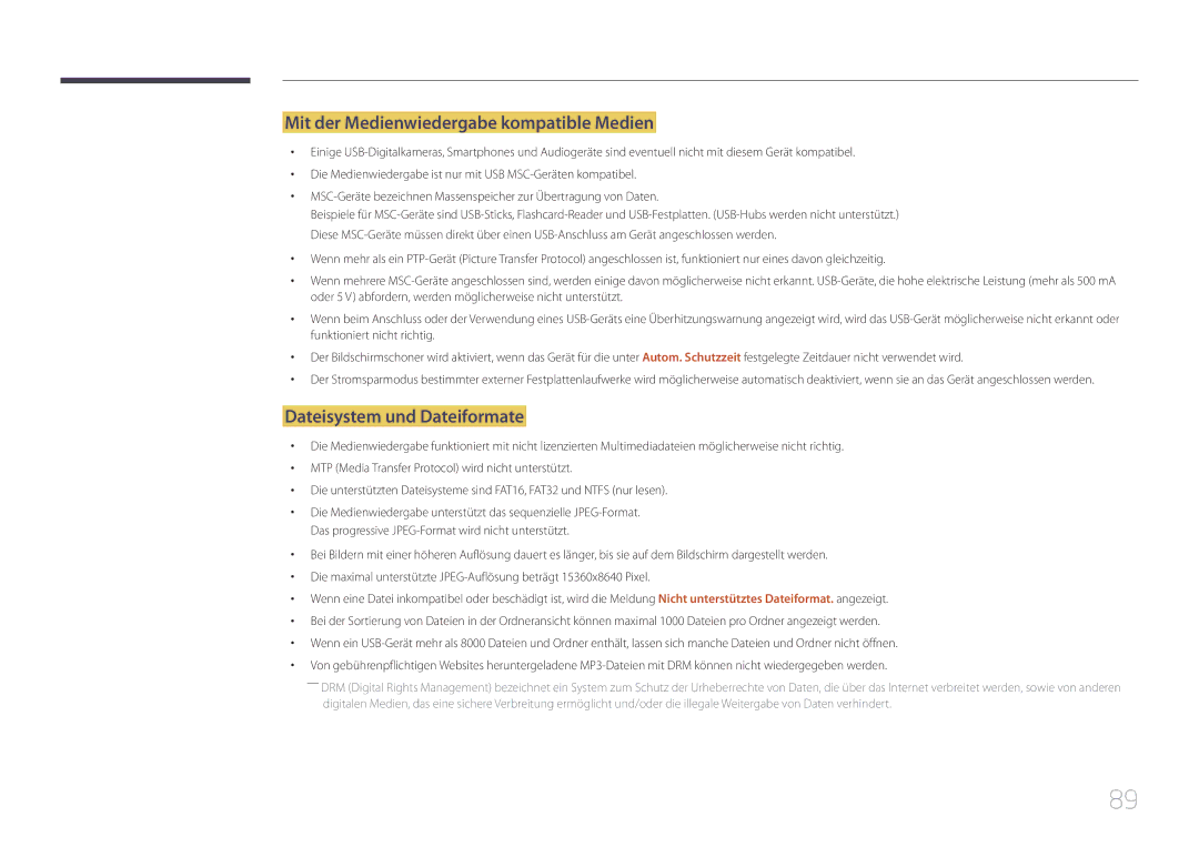 Samsung LH48RMDPLGU/EN, LH40RMDPLGU/EN manual Mit der Medienwiedergabe kompatible Medien, Dateisystem und Dateiformate 