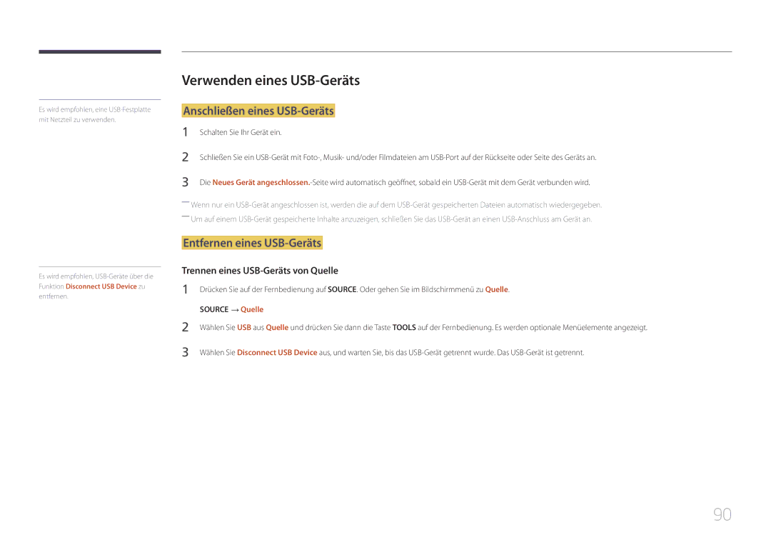 Samsung LH40RMDPLGU/EN manual Verwenden eines USB-Geräts, Anschließen eines USB-Geräts, Entfernen eines USB-Geräts 