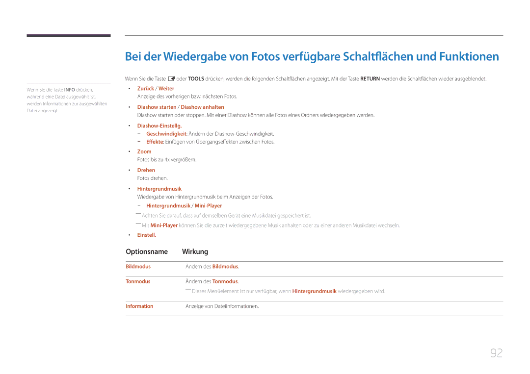 Samsung LH40RMDPLGU/EN Zurück / Weiter, Diashow starten / Diashow anhalten, Diashow-Einstellg, Zoom, Hintergrundmusik 