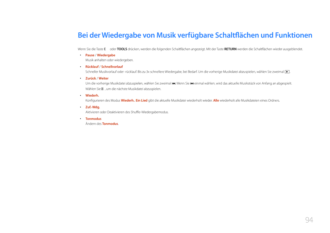 Samsung LH40RMDPLGU/EN, LH48RMDPLGU/EN manual Musik anhalten oder wiedergeben, Wiederh, Zuf.-Wdg, Ändern des Tonmodus 